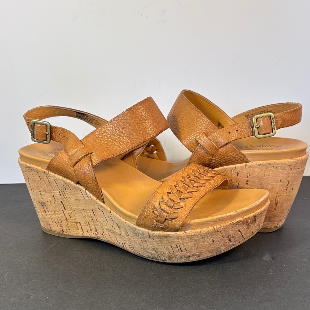 Kork-Ease Brown Leather Wedge Sandals Sz 8M Cork Platform Strappy Boho Comfort